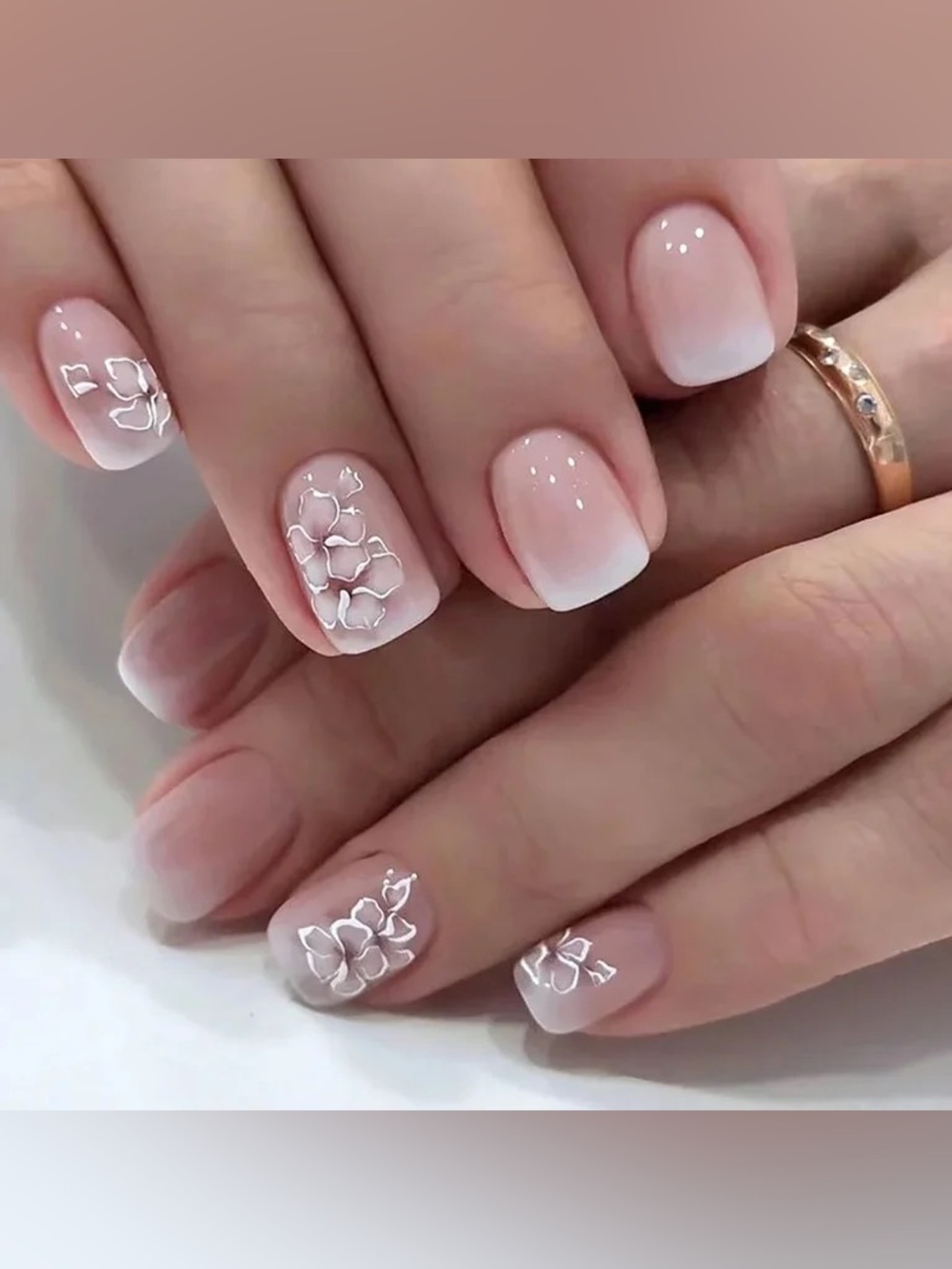 “Blush Bloom” Pink Ombre Press-On Nails with Floral - Short Squoval Square - Picture 3 of 3